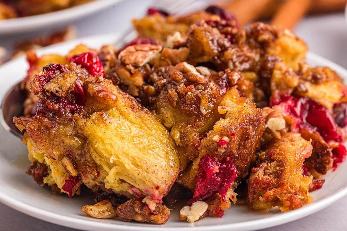 close up straight on shot of cranberry french toast casserole on plate