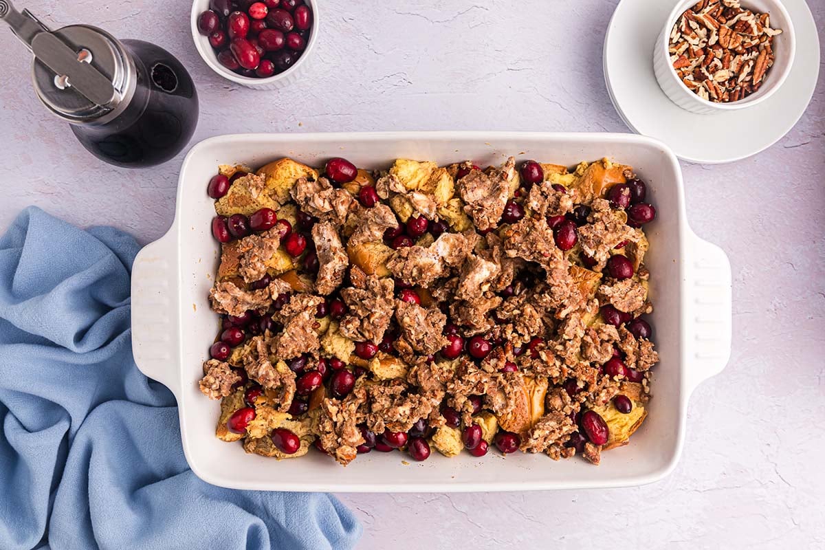 nuts added on top of french toast casserole