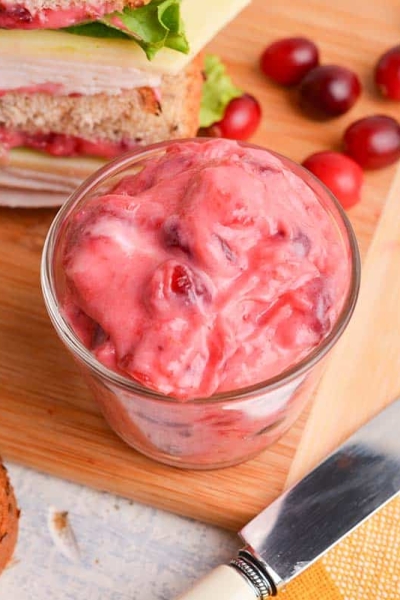 cranberry mayo in a small glass bowl for serving