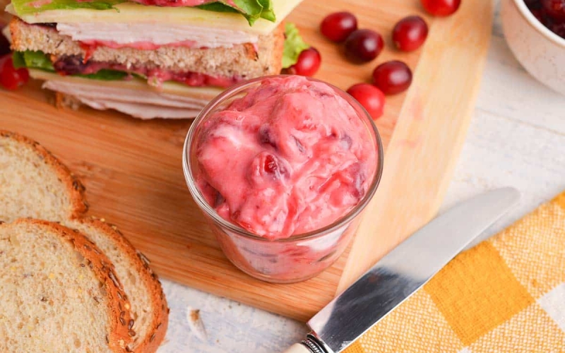 cranberry mayo in a small glass bowl for serving