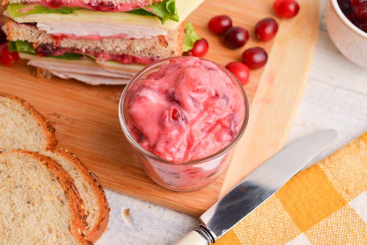 cranberry mayo in a small glass bowl for serving