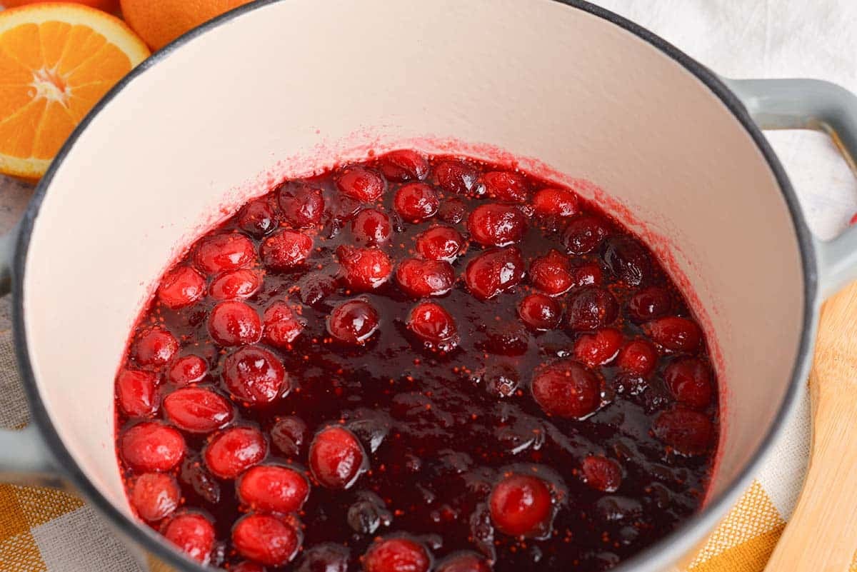 angle close up of simmering cranberries