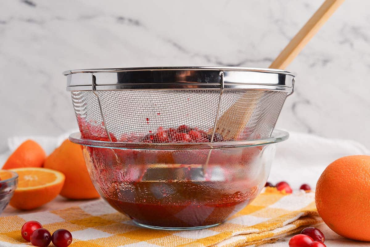 angle showing relish being strained