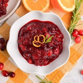 overhead of orange cranberry relish with orange zest garnish