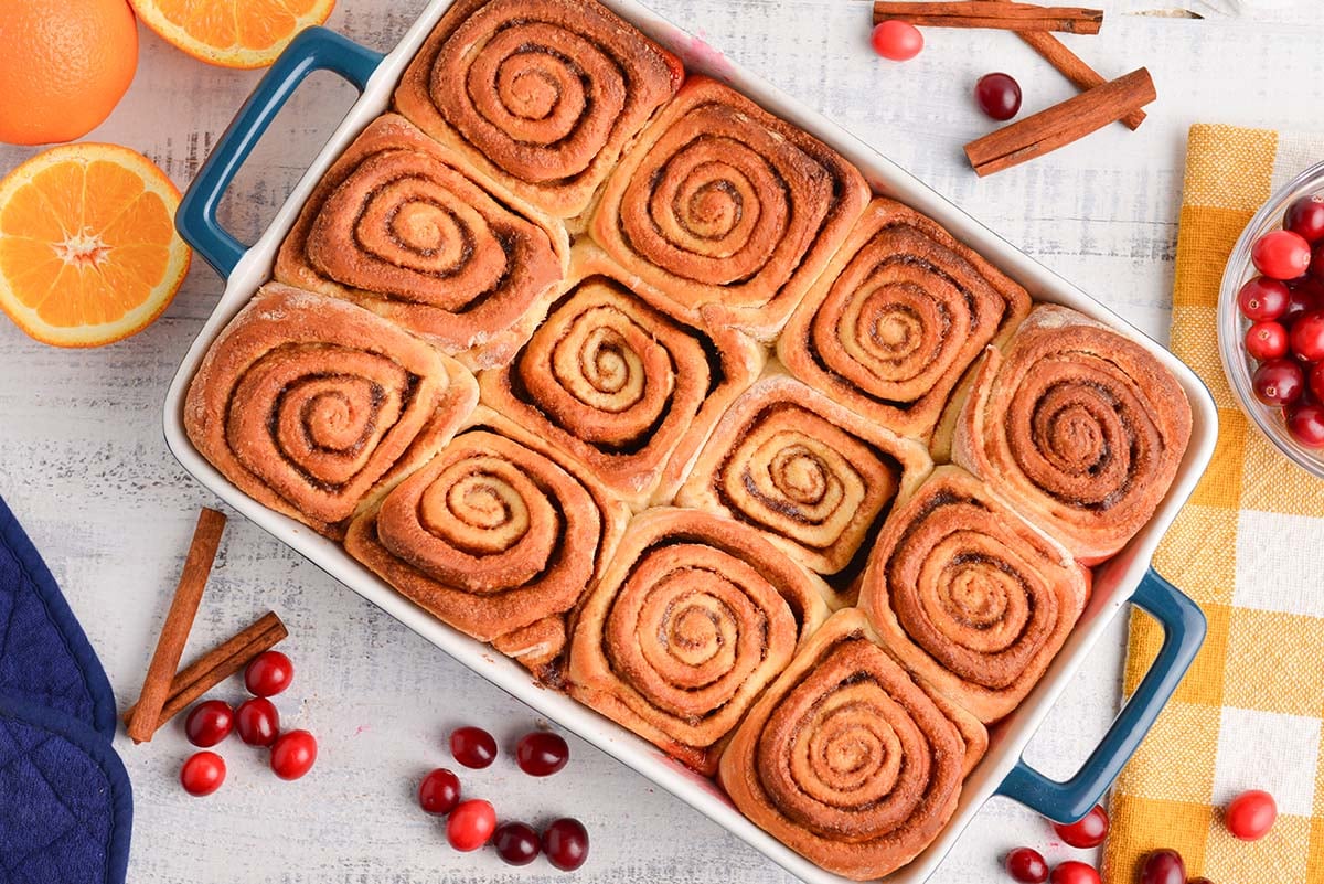 overhead shot of baked cranberry cinnamon rolls