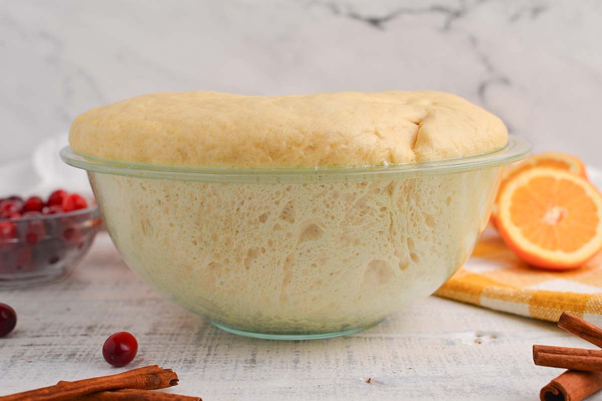 straight on shot of cinnamon roll dough risen in bowl