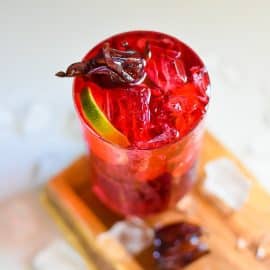 angled shot of hibiscus gin and tonic recipe