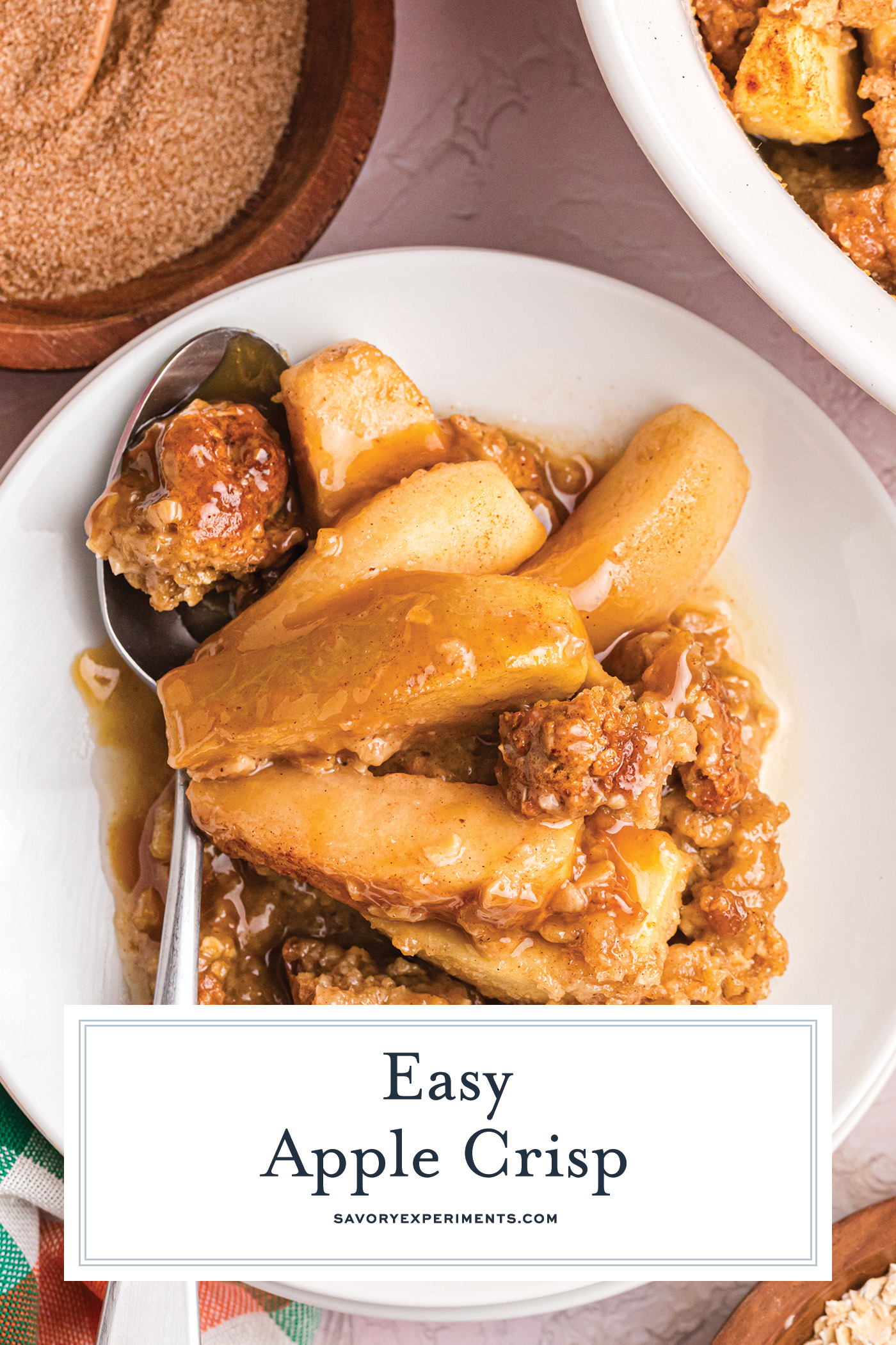 overhead shot of apple crisp with text overlay for pinterest