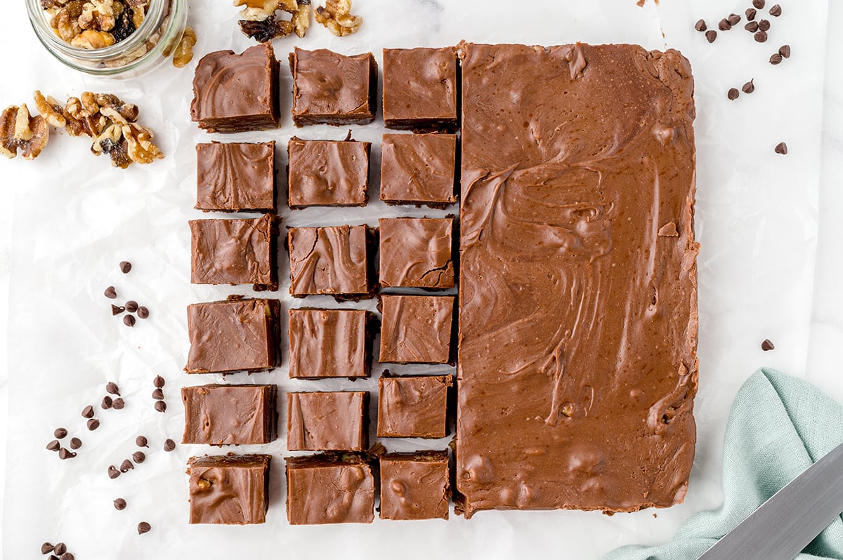 overhead shot of chocolate fudge cut into pieces