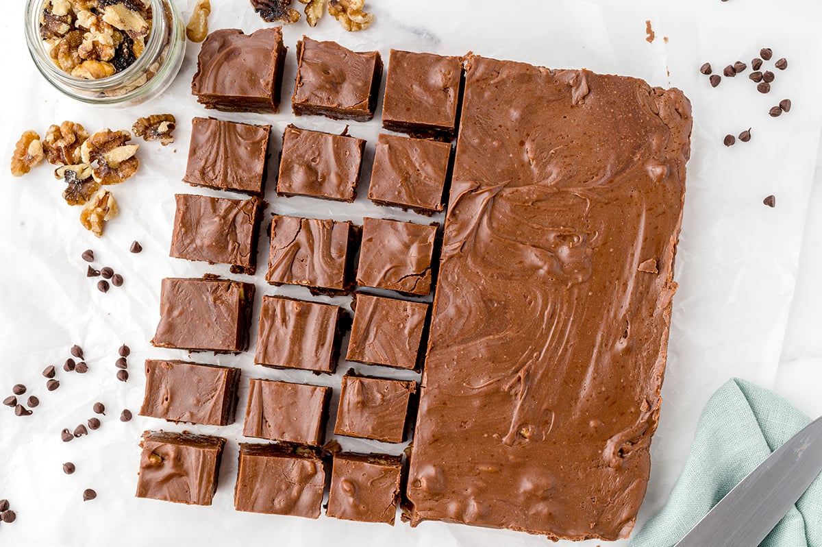 overhead shot of fantasy fudge cut into pieces