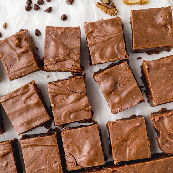 overhead shot of cut fudge