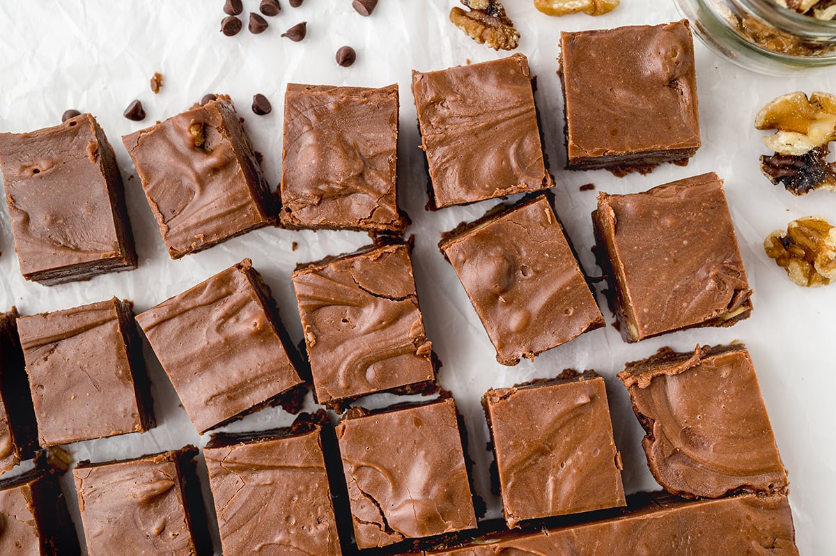 overhead shot of cut fudge