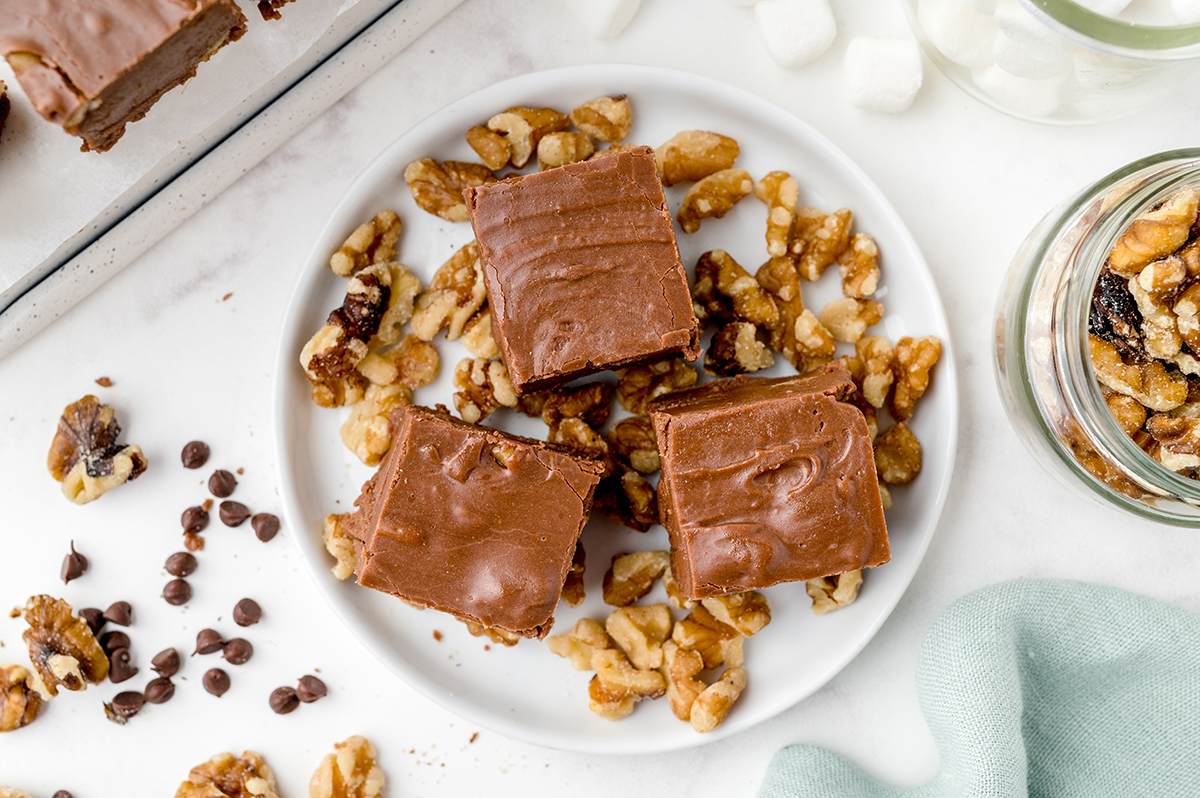 overhead shot of three pieces of fudge