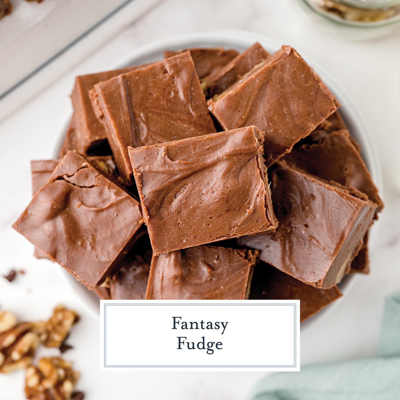 overhead shot of fantasy fudge on a plate with text overlay for facebook