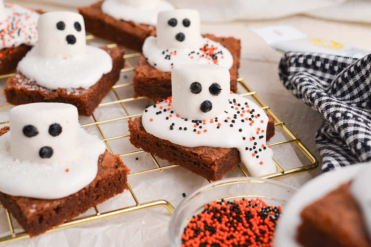 close up of ghost brownies with sprinkles