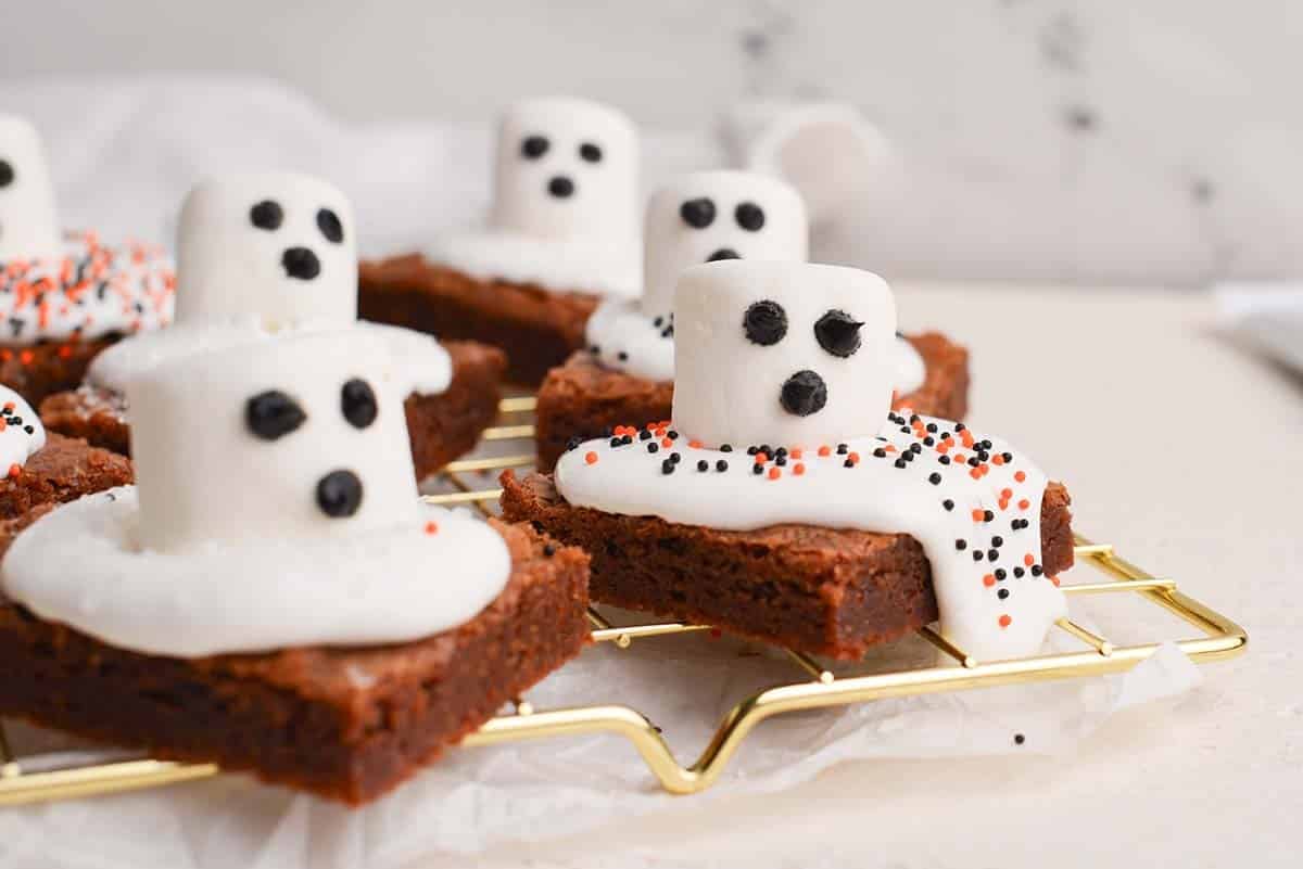 close up shot of ghost brownies on cooling rack