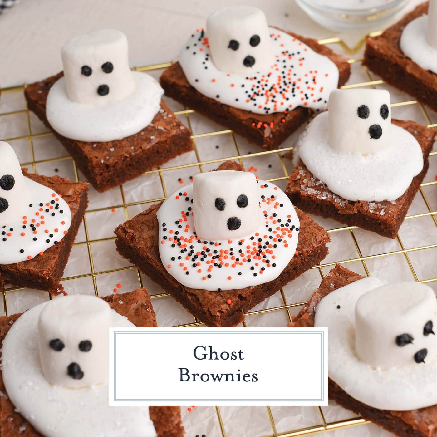 angled shot of ghost brownies with text overlay for facebook