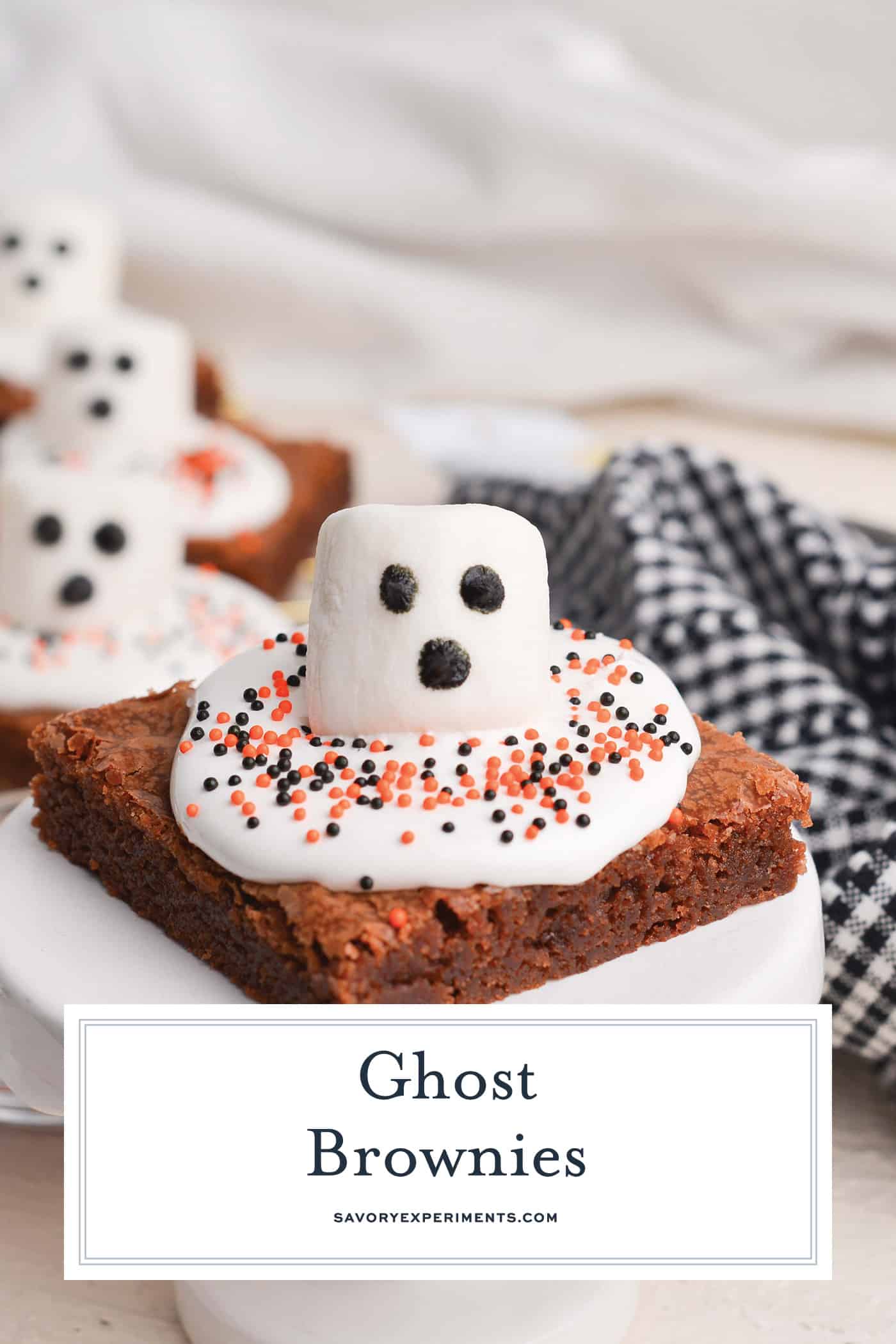 close up of ghost brownie with text overlay for pinterest