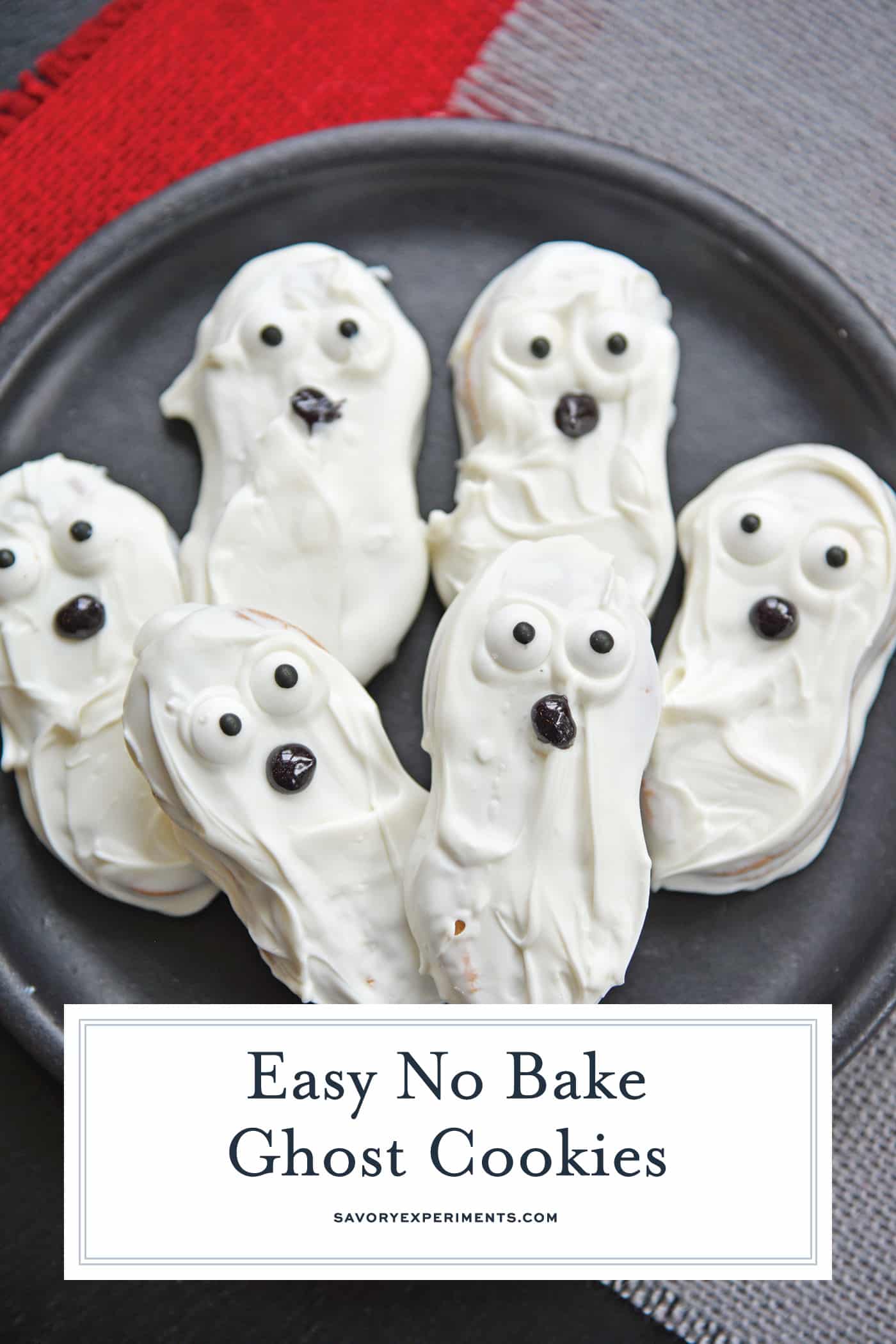 angled shot of nutter butter ghosts on plate with text overlay for pinterest