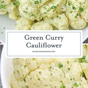 collage of green curry cauliflower with parsley garnish