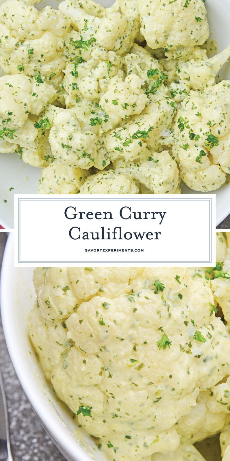collage of green curry cauliflower with parsley garnish