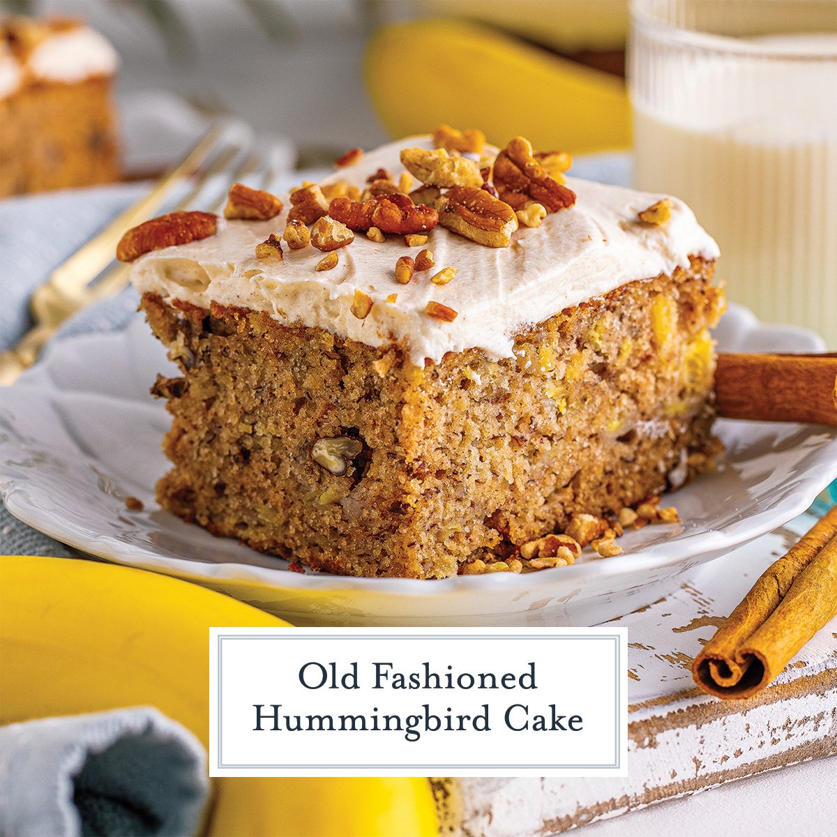 slice of hummingbird cake with text overlay