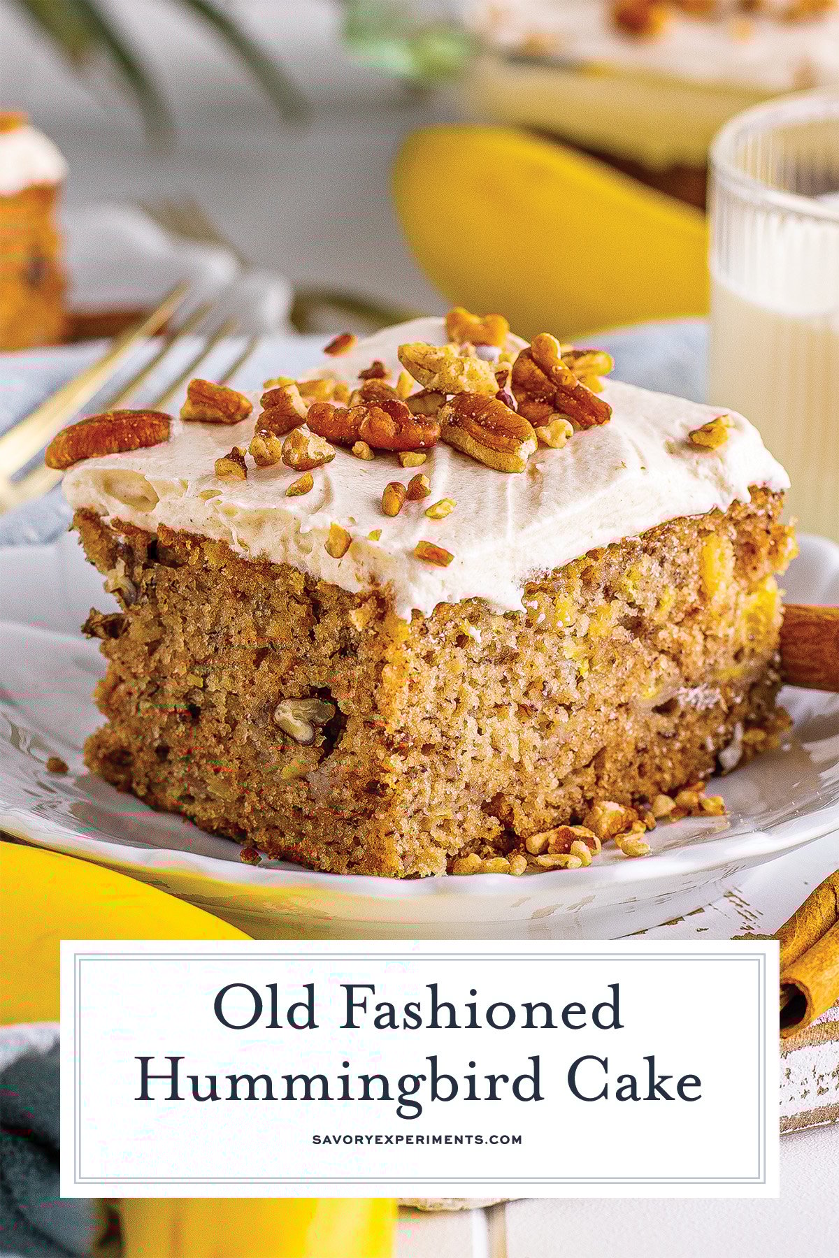 close up slice of hummingbird cake with text overlay
