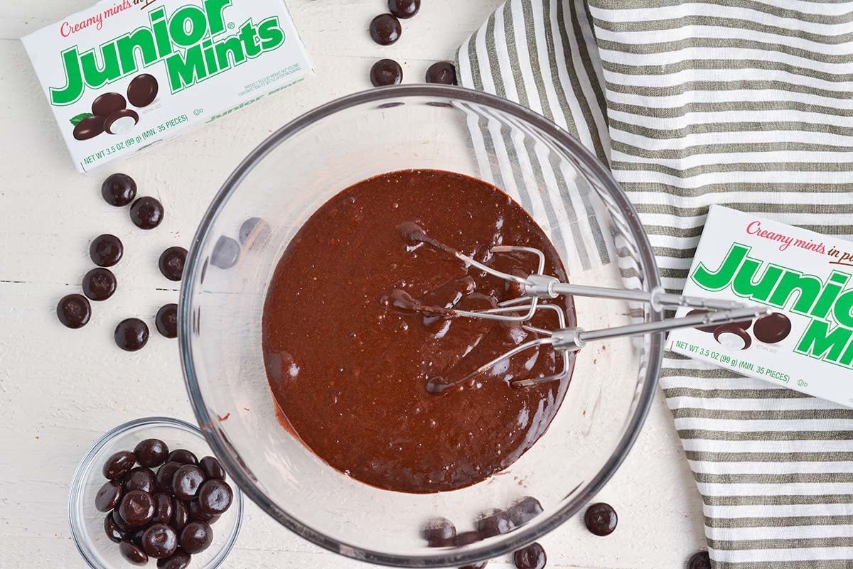 overhead shot of junior mint brownie batter