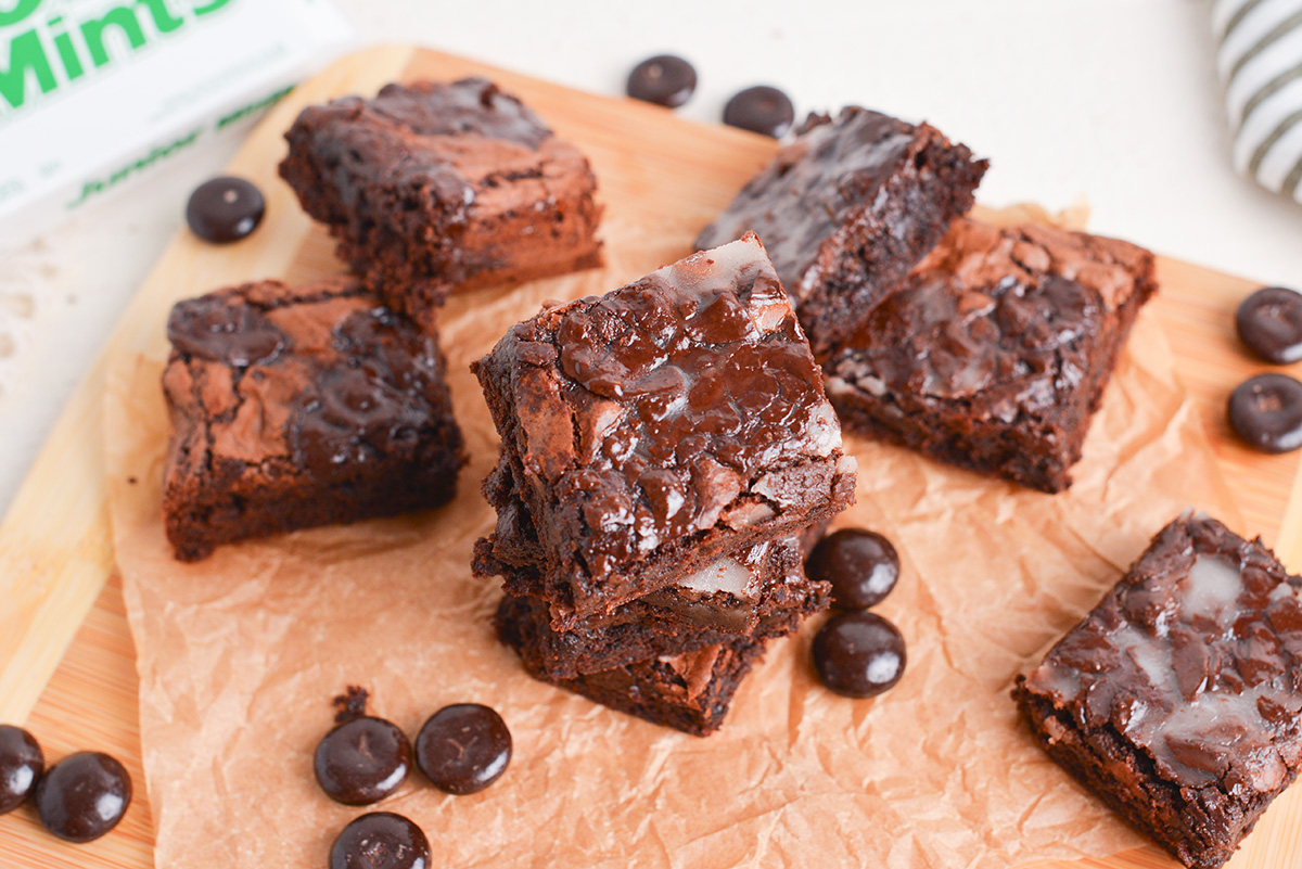 angled shot of stack of junior mint brownies