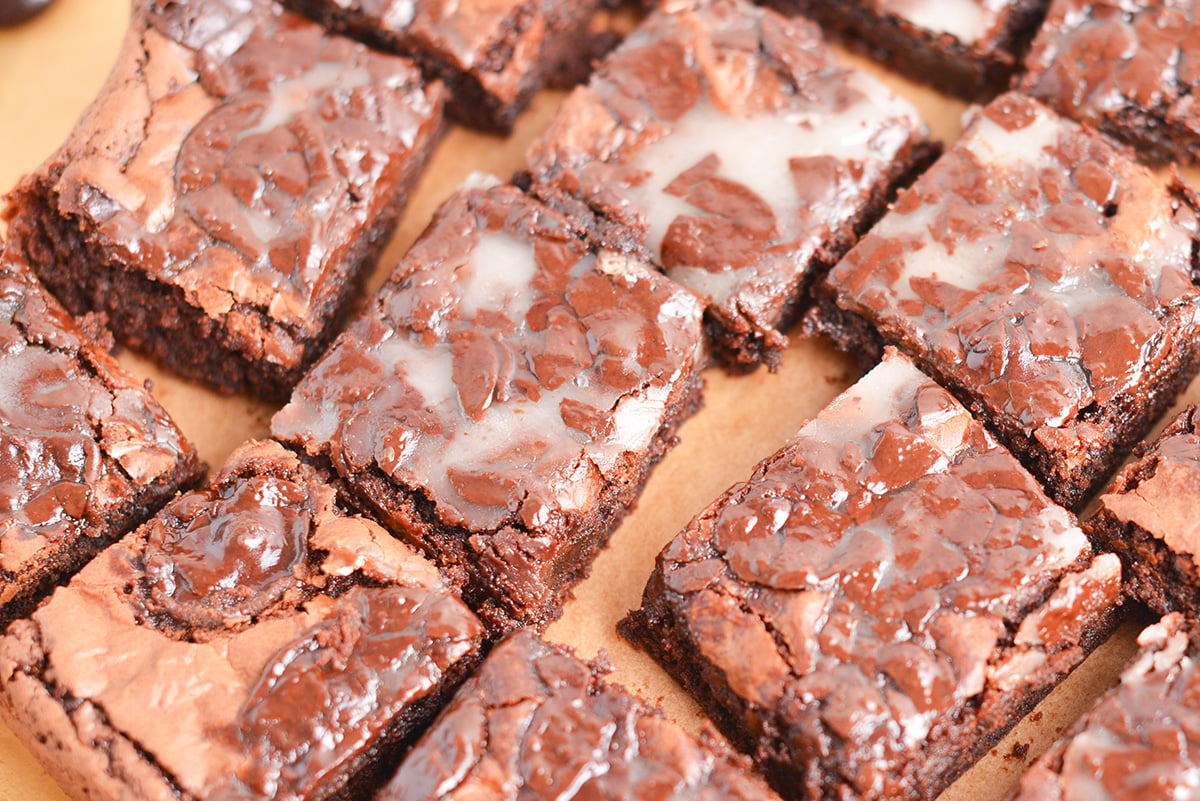 close up angled shot of sliced junior mint brownies