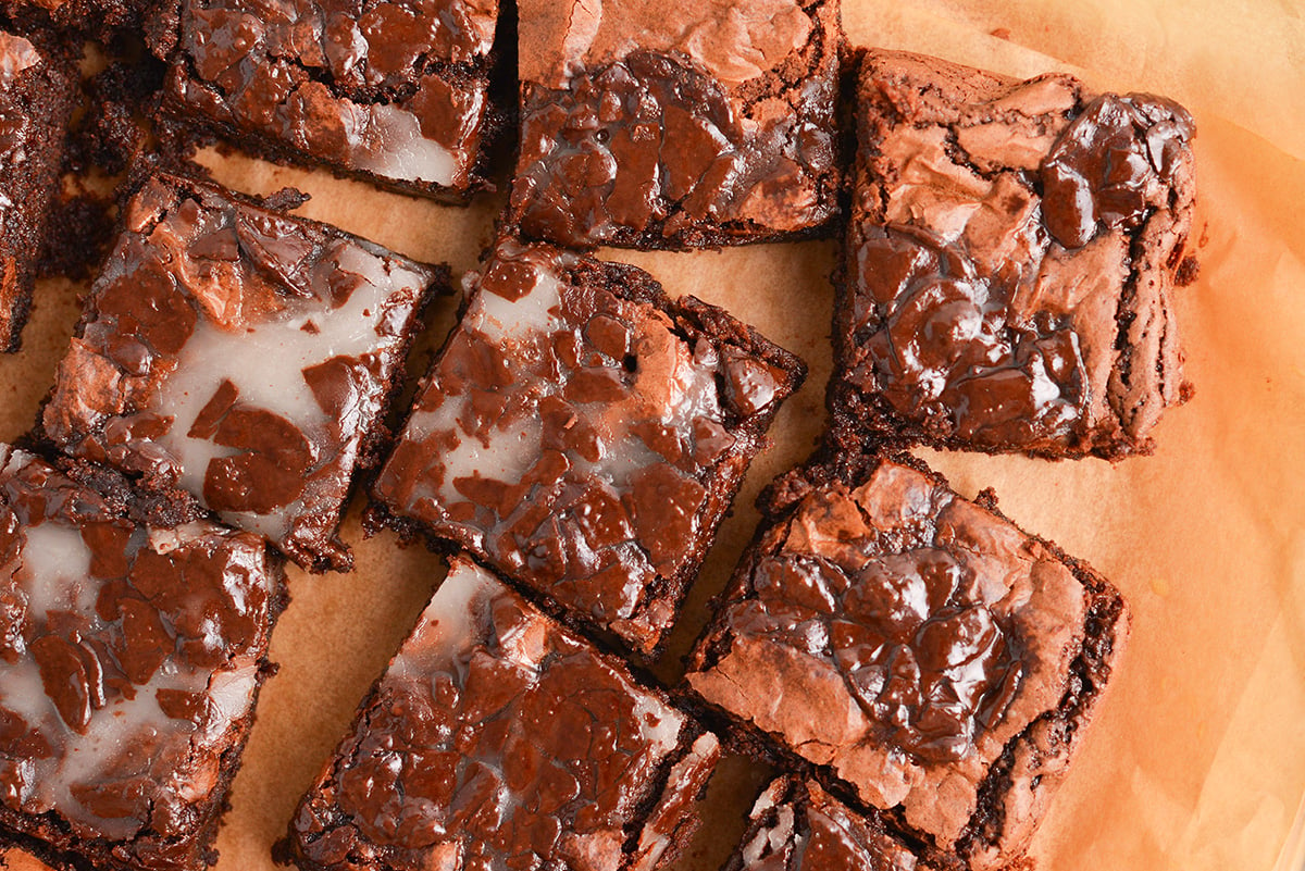 overhead shot of cut junior mint brownies