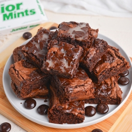 angled shot of plate of junior mint brownies