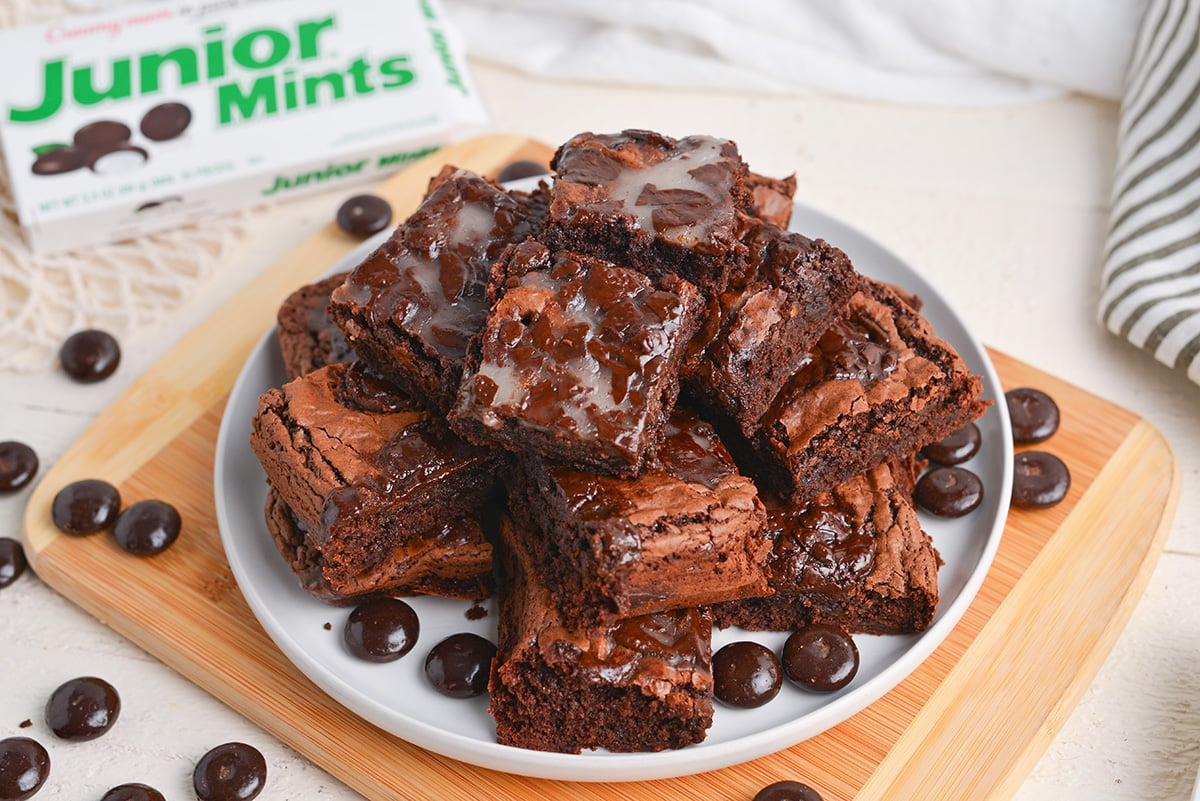 angled shot of plate of junior mint brownies