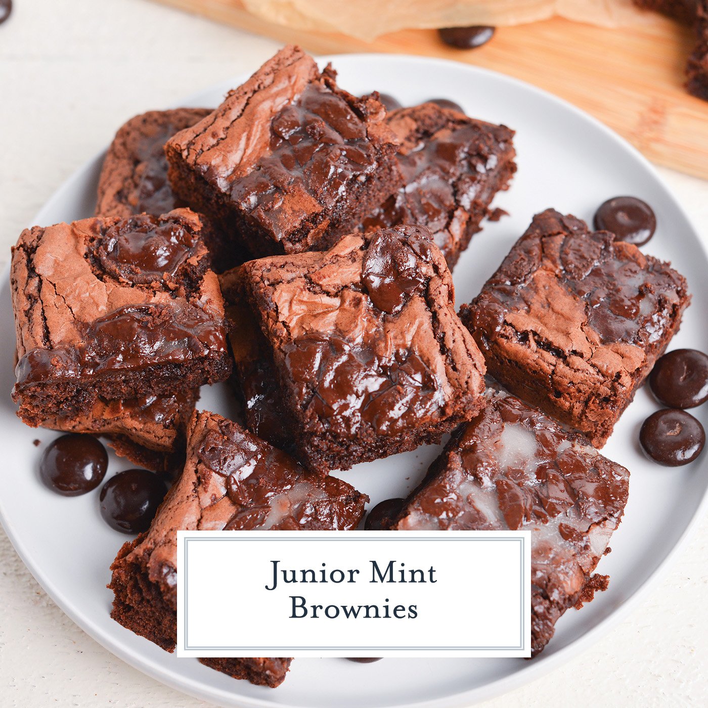 angled shot of plate of junior mint brownies with text overlay for facebook