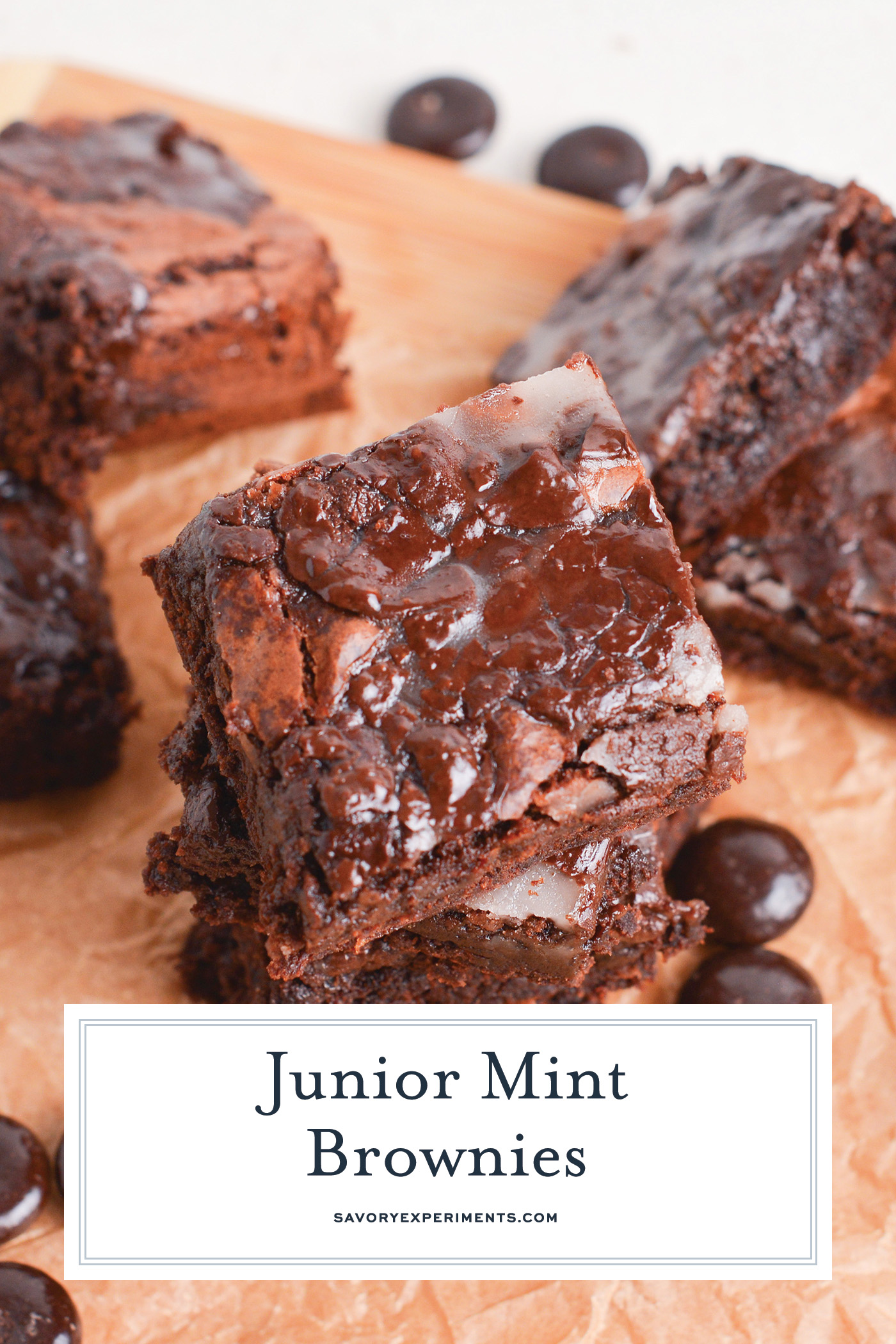 angled shot of stack of junior mint brownies with text overlay for pinterest