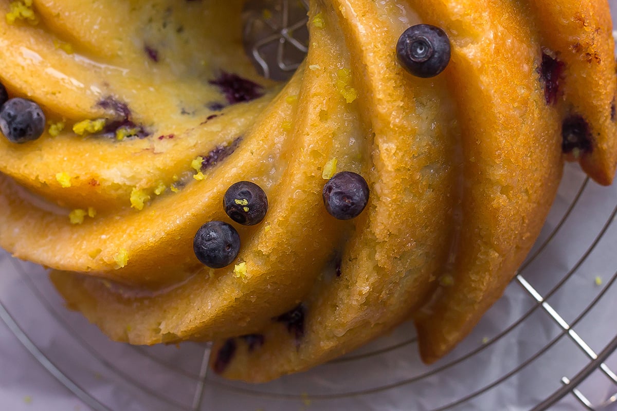 close up to swirl in lemon blueberry bundt cake