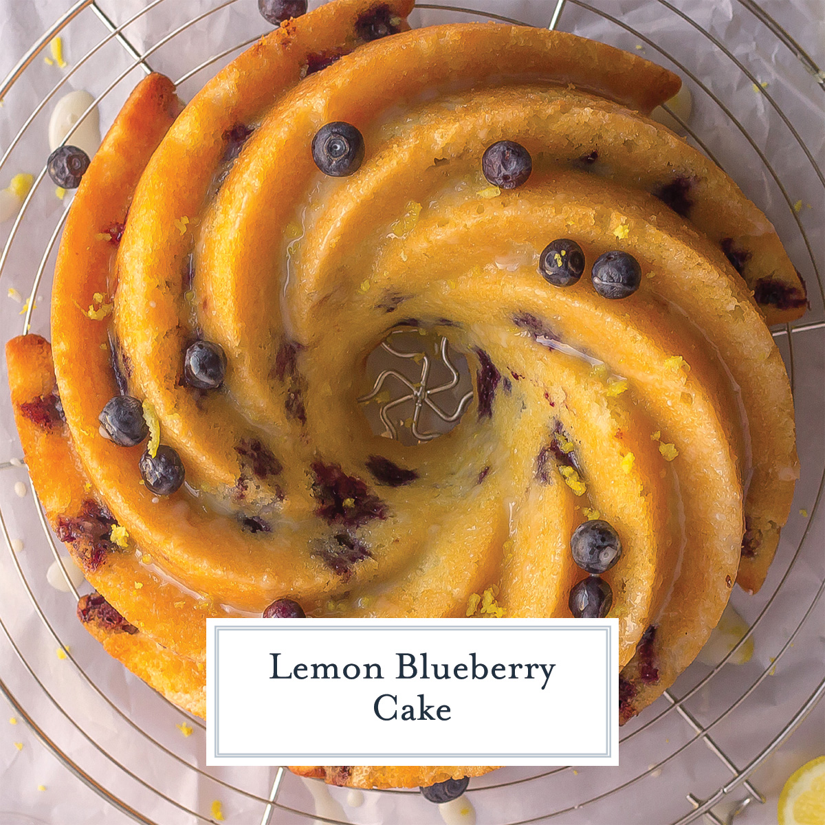overhead blueberry lemon cake with text overlay