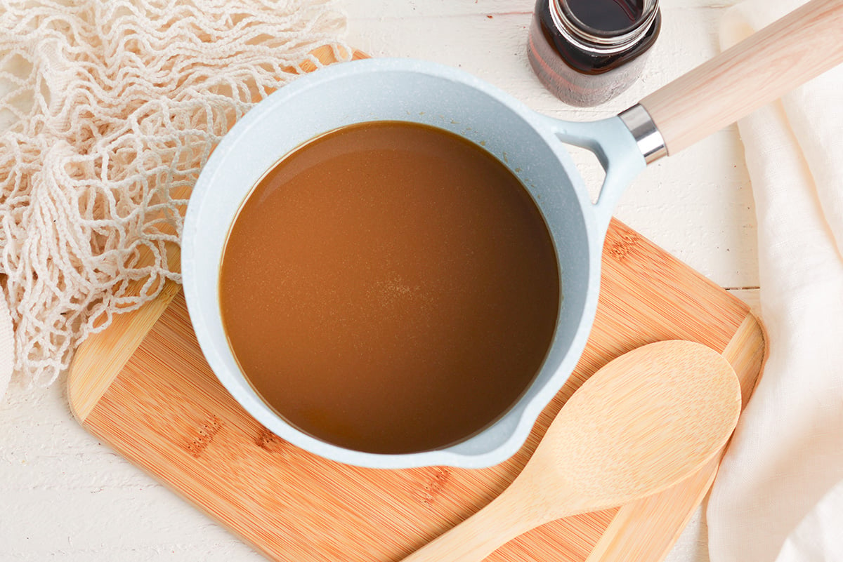 overhead shot of pan of maple sauce