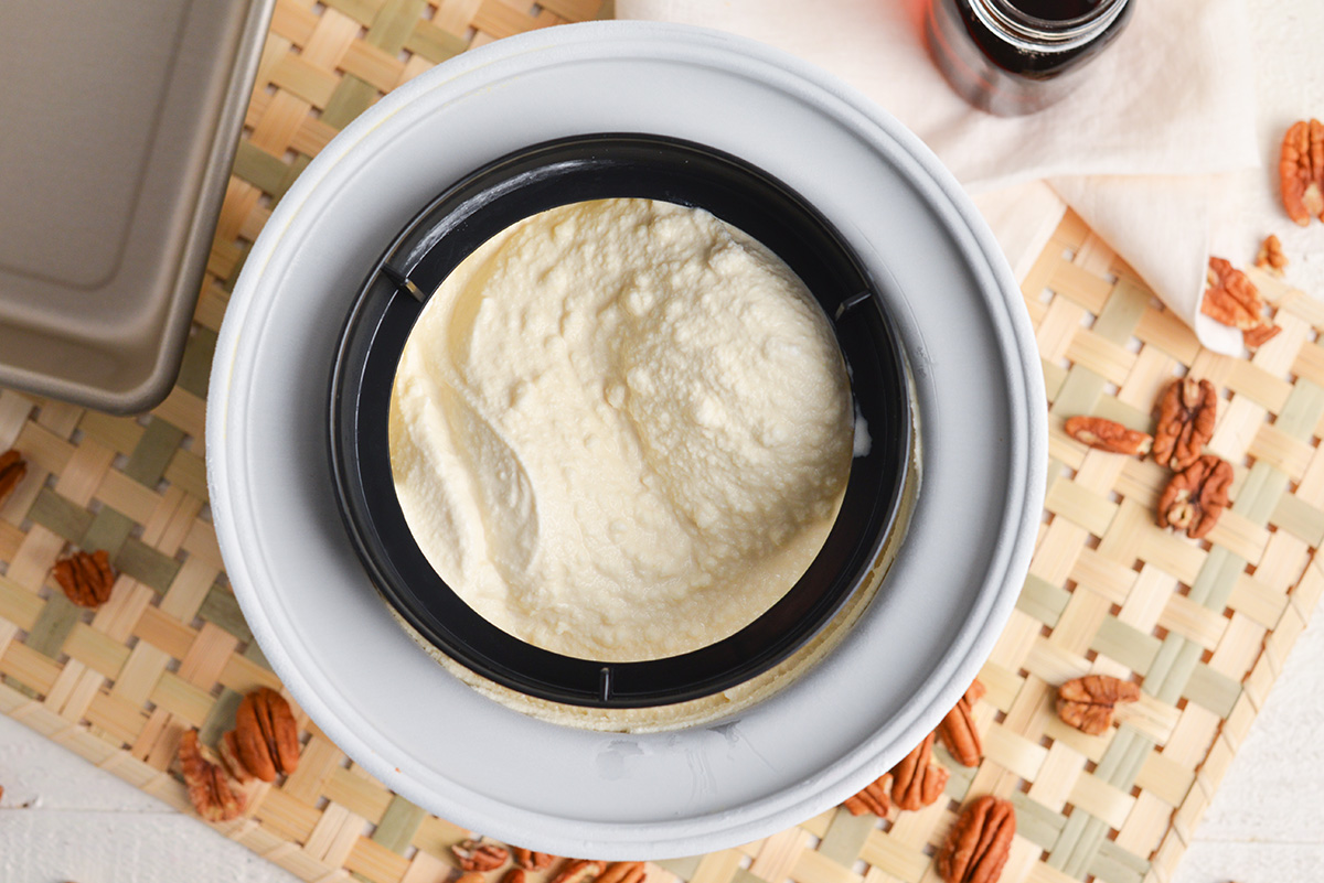 overhead shot of custard in ice cream maker