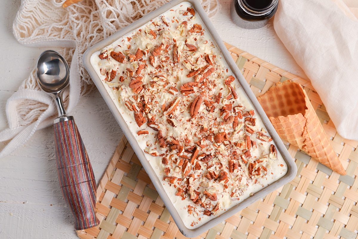 overhead shot of maple ice cream in loaf pan