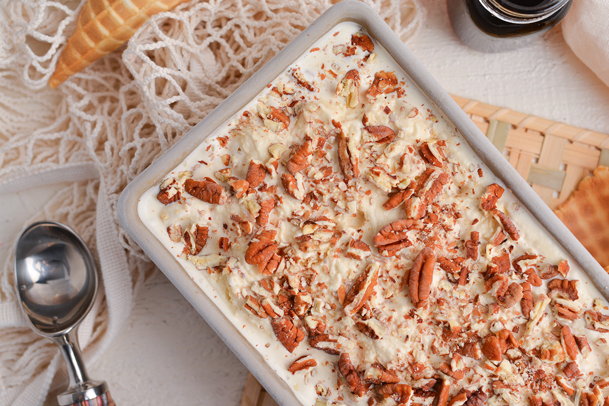 close up overhead shot of maple ice cream in loaf pan