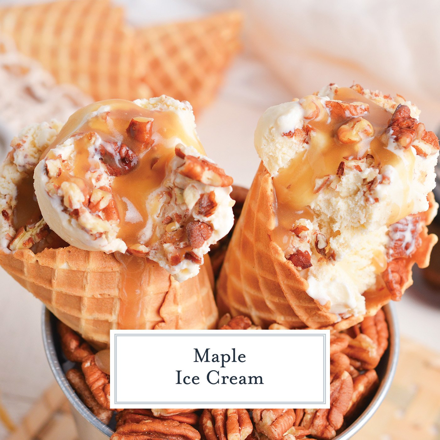 close up angled shot of maple ice cream in cones with text overlay for facebook