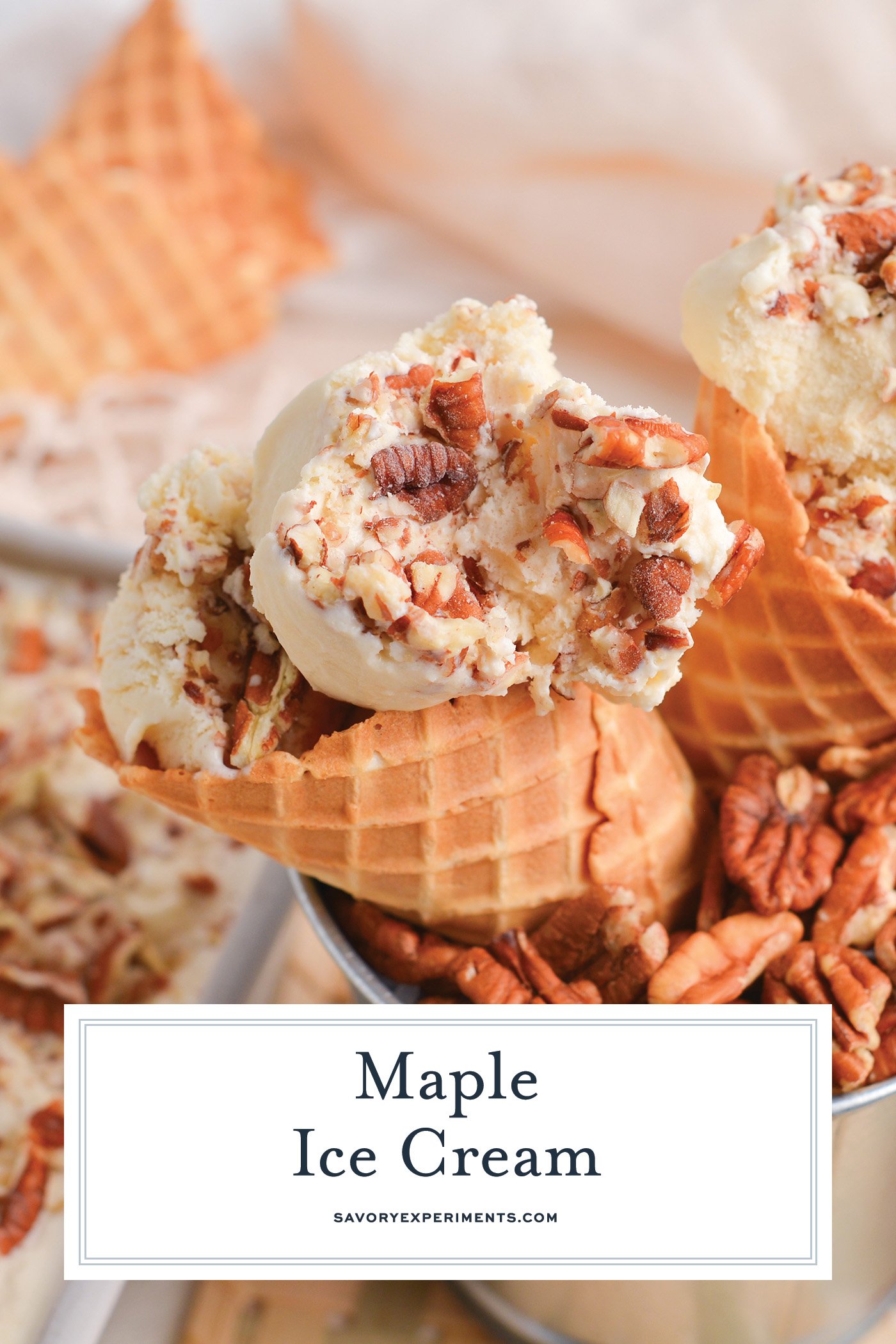 angled shot of scoop of maple ice cream in cone with text overlay for pinterest