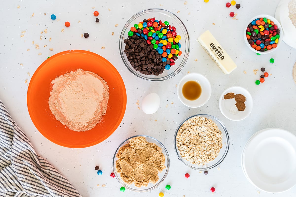 overhead shot of monster cookie bars ingredients