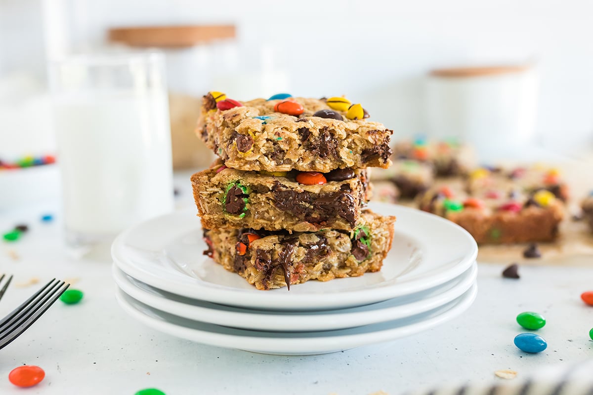 straight on shot of stack of monster cookie bars