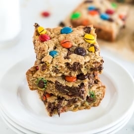 angled shot of stack of monster cookie bars