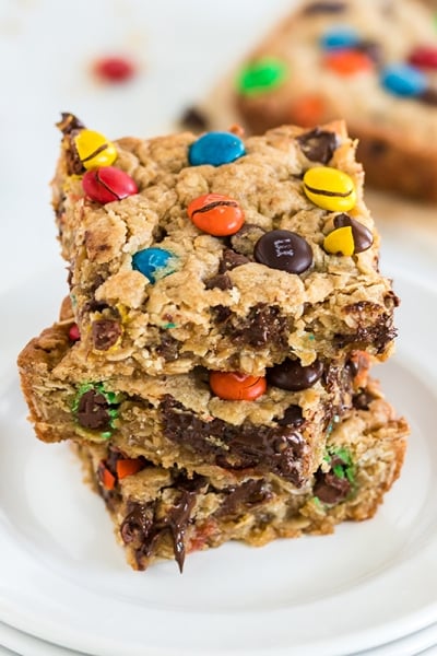 angled shot of stack of monster cookie bars