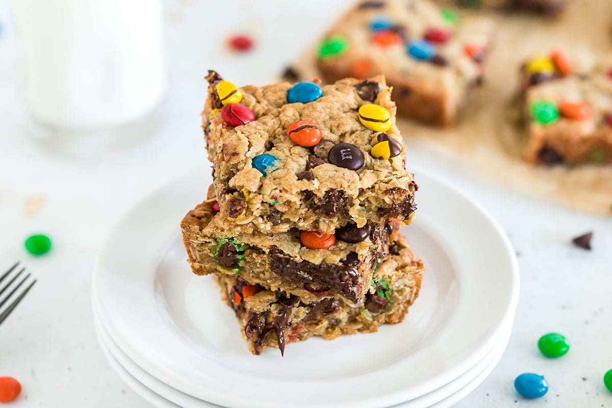 angled shot of stack of monster cookie bars