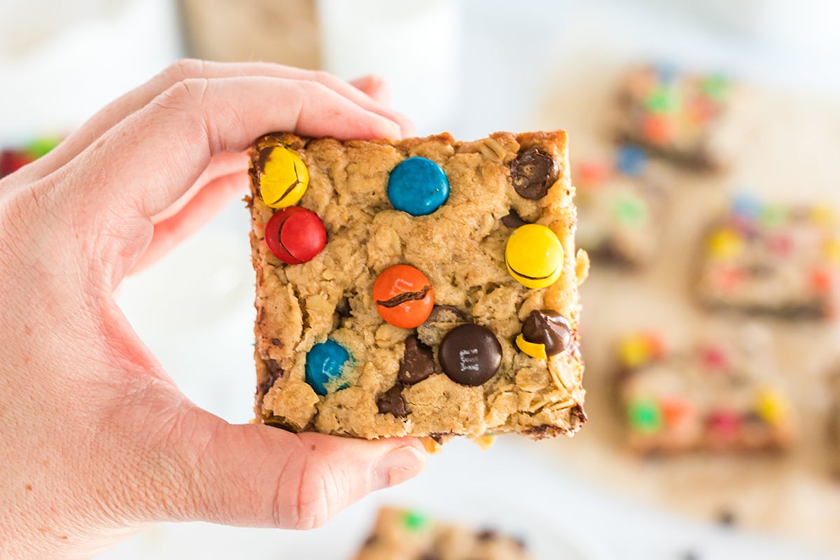 hand holding monster cookie bar