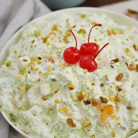 angled shot of pistachio fluff in bowl